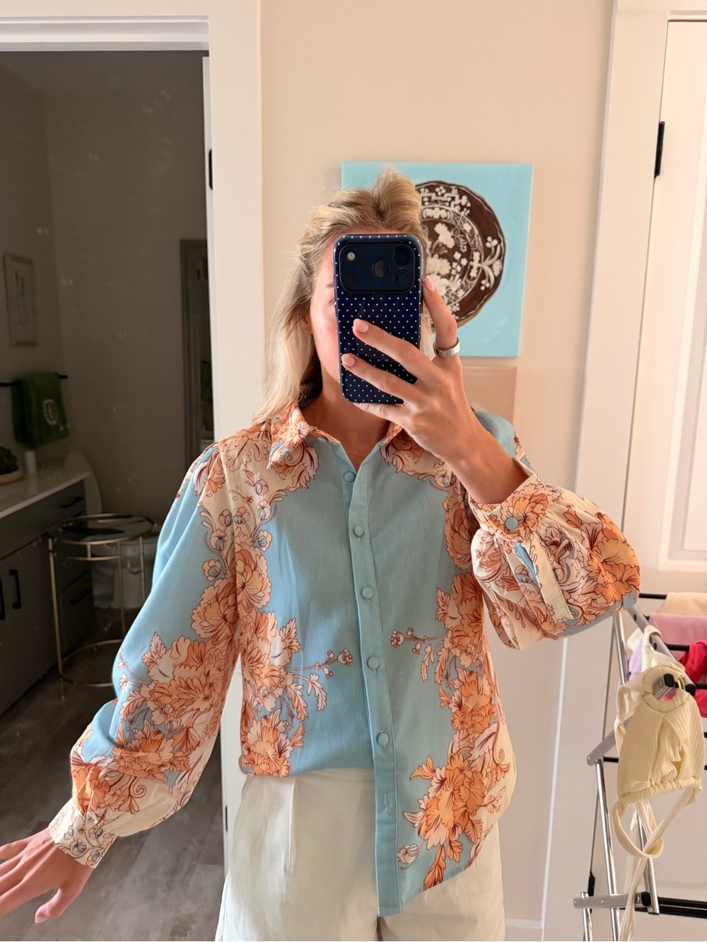 Blue Floral Button-Up Blouse
